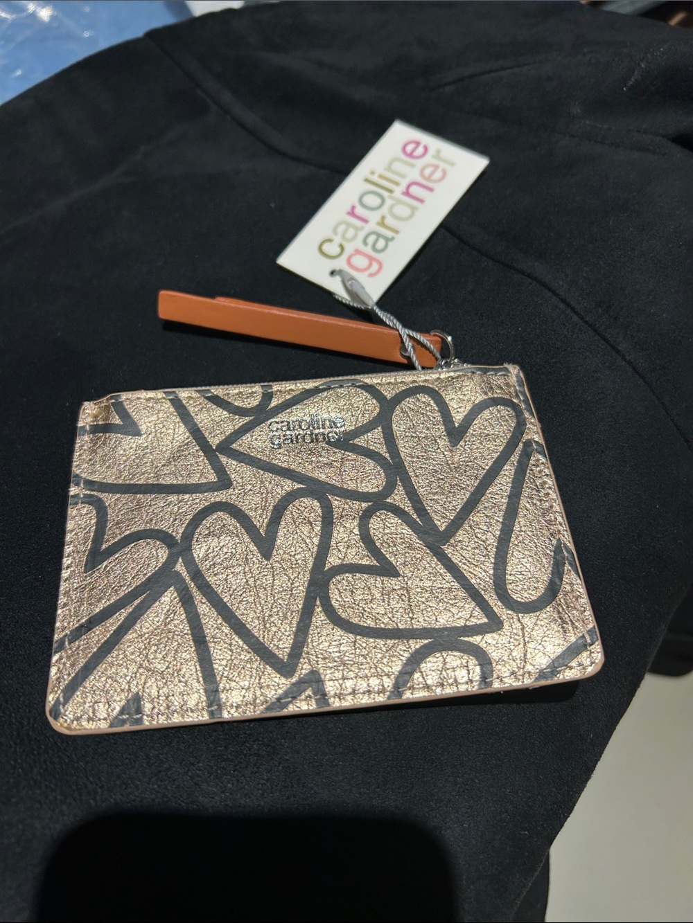 Metallic Gold Card & Key Holder with Black Heart Print